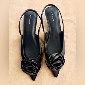 Ann Taylor Black Slingback Kitten Heels with Rose Detail